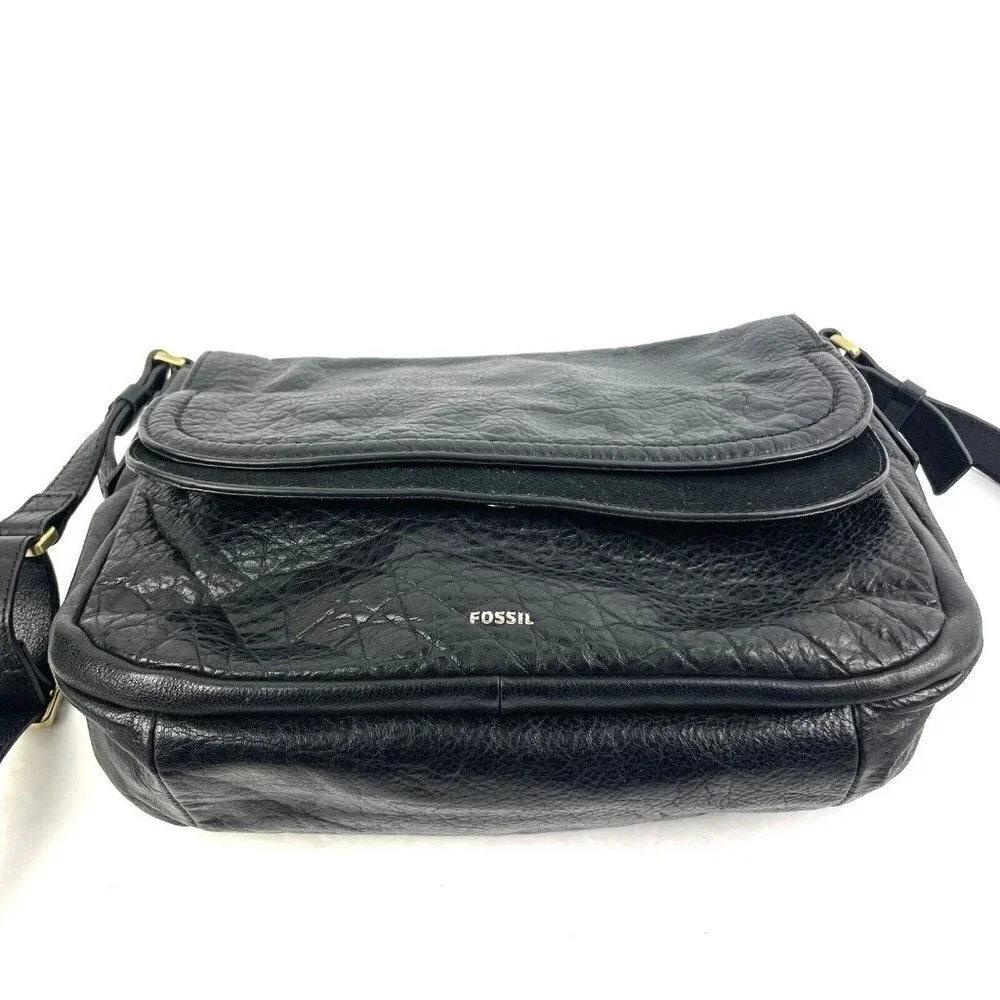 Fossil‎ Peyton Crossbody Bag Black Leather Double Flap Adjustable Strap Handbag